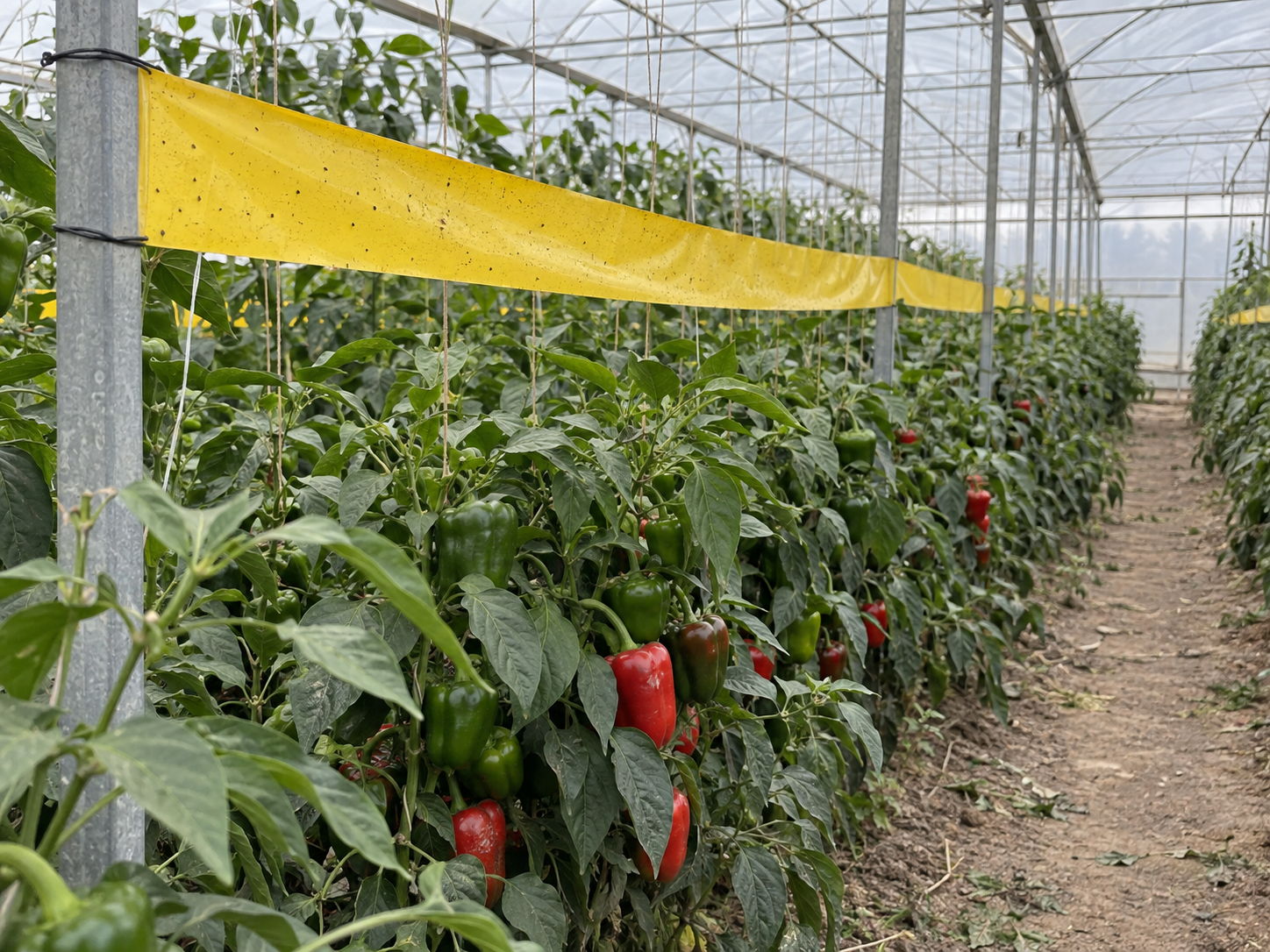 Illustration of yellow adhesive insect trapping rolls installed horizontally among greenhouse crops